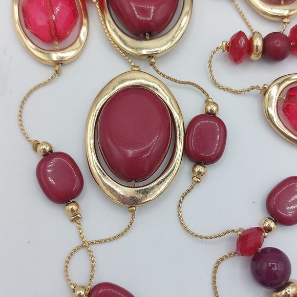 Gold Toned Chain Resin Stones Faceted Pink Ruby Red Very Long Double Strand 36" - Picture 3 of 6